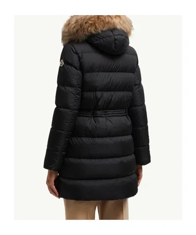 Moncler Aphroti Hooded Shearling-trimmed Long Down Jacket In Black