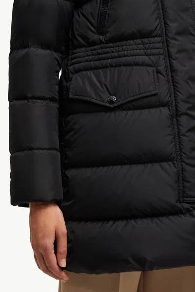 Moncler Aphroti Hooded Shearling-trimmed Long Down Jacket In Black