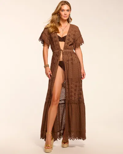 Ramy Brook Janis Cotton Eyelet Tie Front Coverup Maxi Dress In Brown