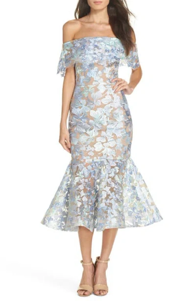 Bronx And Banco Butterfly Embroidered Off The Shoulder Mermaid Dress In Blue