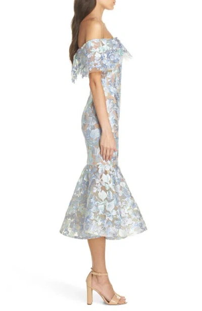 Bronx And Banco Butterfly Embroidered Off The Shoulder Mermaid Dress In Blue