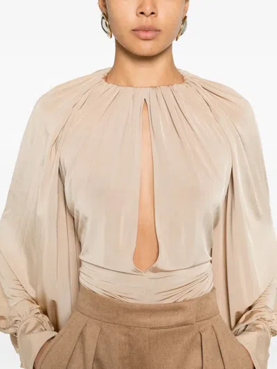 Ferragamo Gathered Long-sleeve Blouse In Neutral