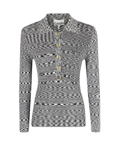Ganni Black And White Polo Shirt With All-over Space-dye Effect And Button Closure In Fabric Woman In Gray