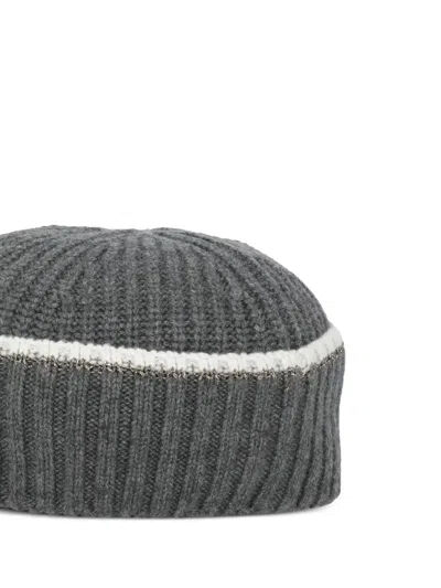 Brunello Cucinelli Ribbed Trim Cap In Gray