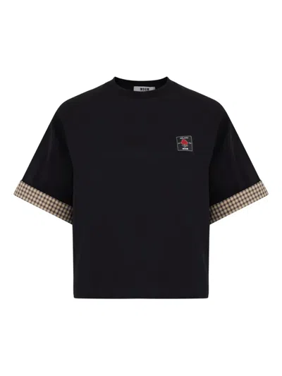 Msgm Checked-sleeve T-shirt In Black