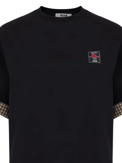 Msgm Checked-sleeve T-shirt In Black