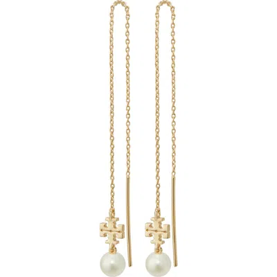 Tory Burch Kira Imitation Pearl Threader Drop Earrings In Gold