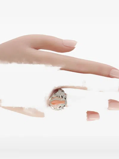 Pre-owned Lb Exclusive 18k White Gold Frog Diamond And Coral Ring In Silver