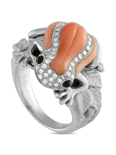 Pre-owned Lb Exclusive 18k White Gold Frog Diamond And Coral Ring In Silver