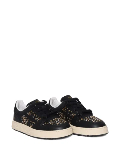 Premiata Smooth Leather Sneakers With Metallic Accents In Black