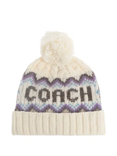 Coach Pompom Patterned Hat In Neutral