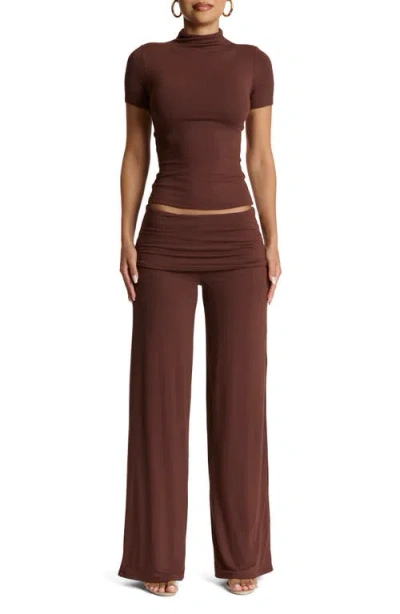 Naked Wardrobe Foldover Flare Pants In Brown