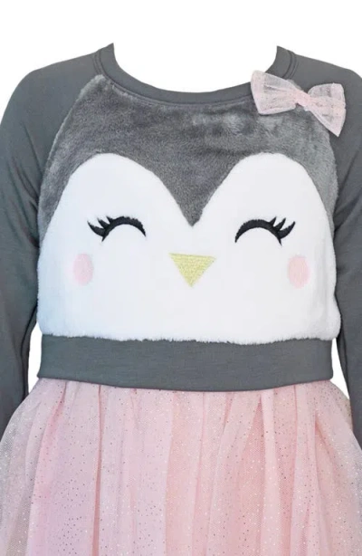 Zunie Kids' Penguin Embroidered Long Sleeve Plissé Dress In Pink