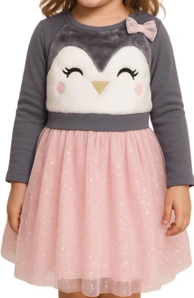 Zunie Kids' Penguin Embroidered Long Sleeve Plissé Dress In Pink