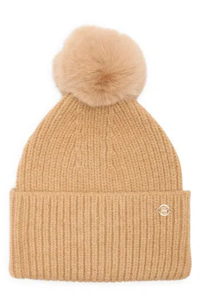 Ted Baker London Faux Fur Pompom Cuffed Beanie In Brown