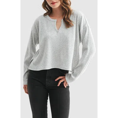 Lush Split Neck Long Sleeve Ribbed Top In Gray
