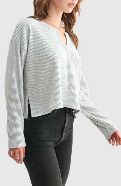 Lush Split Neck Long Sleeve Ribbed Top In Gray