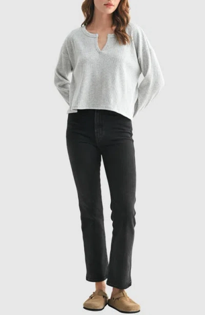 Lush Split Neck Long Sleeve Ribbed Top In Gray