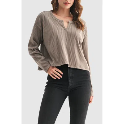 Lush Split Neck Long Sleeve Ribbed Top In Green