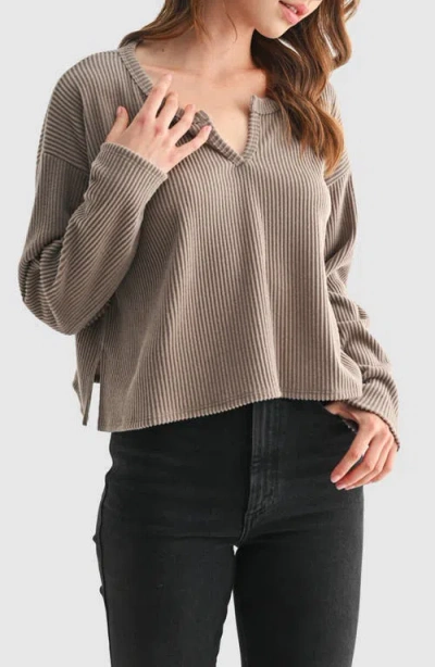 Lush Split Neck Long Sleeve Ribbed Top In Green