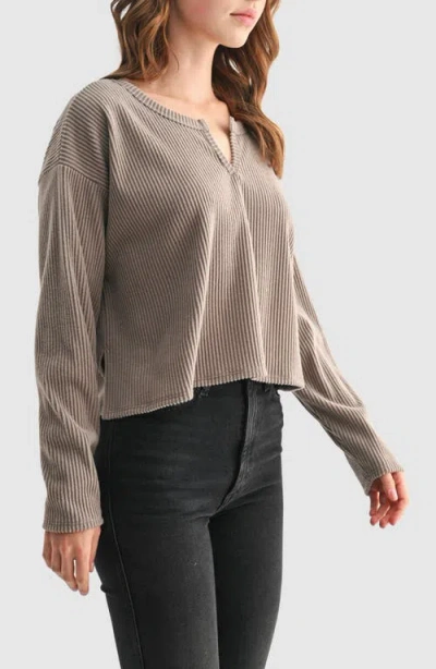 Lush Split Neck Long Sleeve Ribbed Top In Green