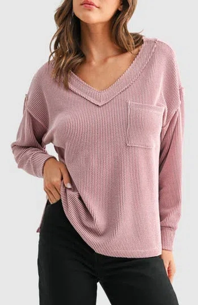 Lush Rib Knit Pocket Sweater In Pink