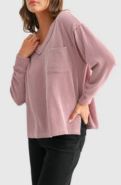 Lush Rib Knit Pocket Sweater In Pink