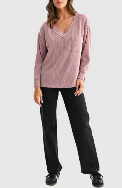 Lush Rib Knit Pocket Sweater In Pink