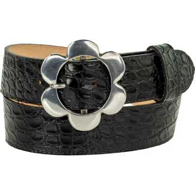 Peachy Belts Ltd Women's Black Croc Belt With Our Chelsea Daisy Silver Buckle In Black