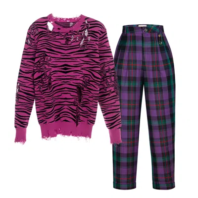 Come On Pink Animal Print Sweater With Winston Trouser Tartan Violet In Multi