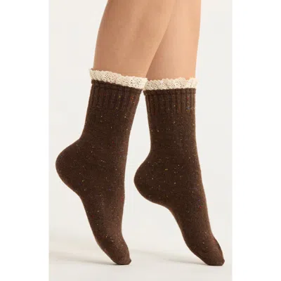 Casa Clara Tahor Ruffle Lace Trim Crew Socks In Brown