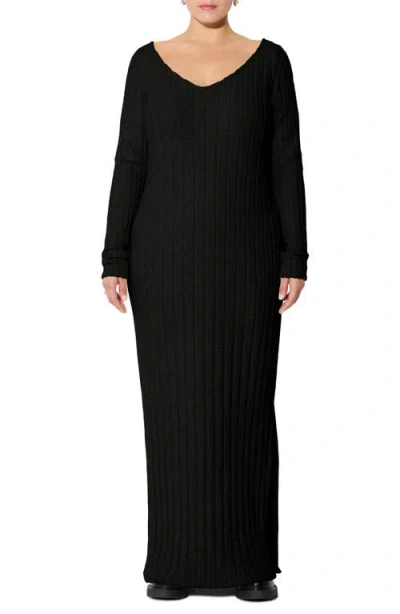 Marcella Penelope Long Sleeve Rib Maxi Sweater Dress In Black