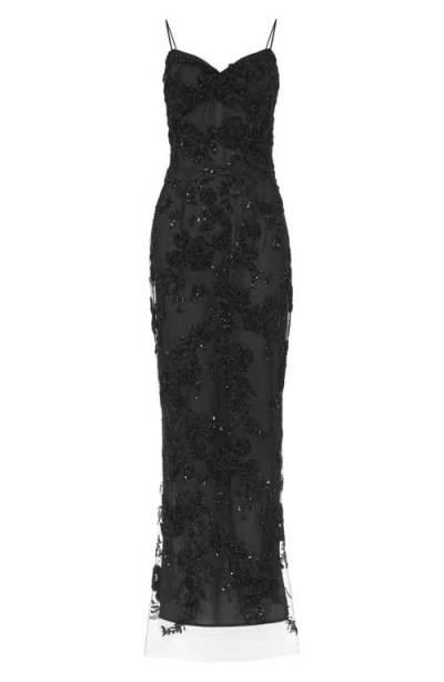 Sau Lee Sammie Beaded Floral Sleeveless Gown In Black