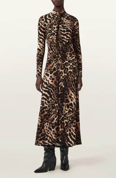 Allsaints Womens Mina Leopard-print Ruched-front Stretch-jersey Midi Dress Pardus Honey B In Brown