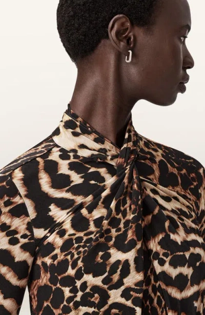 Allsaints Womens Mina Leopard-print Ruched-front Stretch-jersey Midi Dress Pardus Honey B In Brown