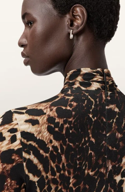 Allsaints Womens Mina Leopard-print Ruched-front Stretch-jersey Midi Dress Pardus Honey B In Brown