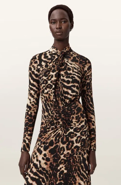 Allsaints Womens Mina Leopard-print Ruched-front Stretch-jersey Midi Dress Pardus Honey B In Brown