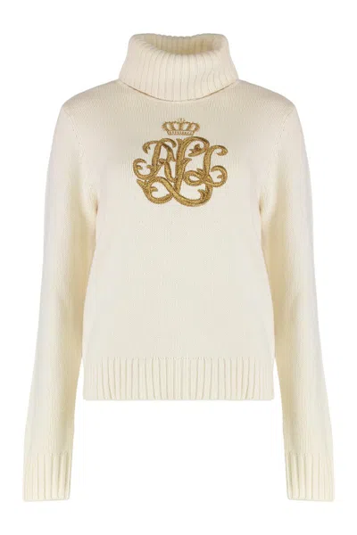 Ralph Lauren Embroidered-logo Wool-blend Turtleneck In Green
