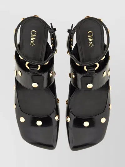 Chloé Square Toe Studded Sandals With Gold Hardware In Black