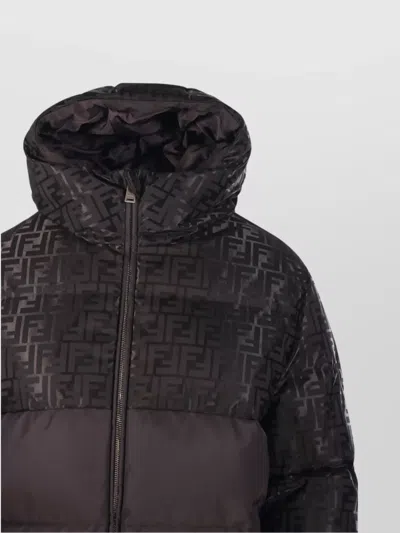 Fendi Women Brown Down Jacket With Drawstring Hood And Ff Motif In Tech Fabric Woman In Black
