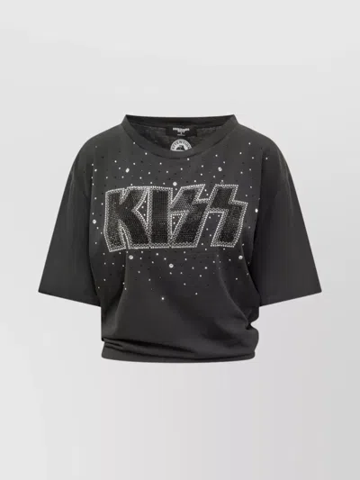 Dsquared2 Cropped Short Sleeve Graphic Top Rhinestones In Black