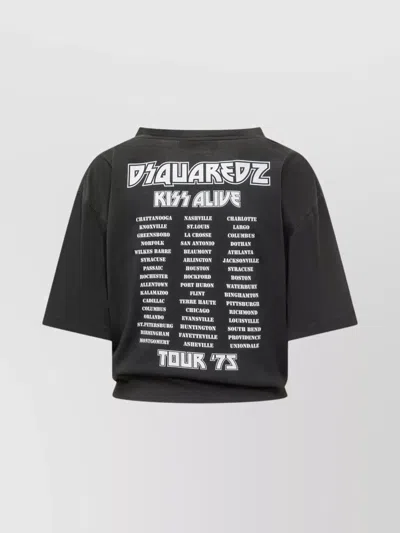 Dsquared2 Cropped Short Sleeve Graphic Top Rhinestones In Black