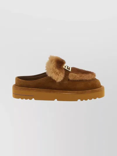 Fendi Suede And Fur Sabots Flat Shoes Multicolor In Brown