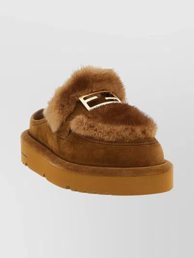 Fendi Suede And Fur Sabots Flat Shoes Multicolor In Brown