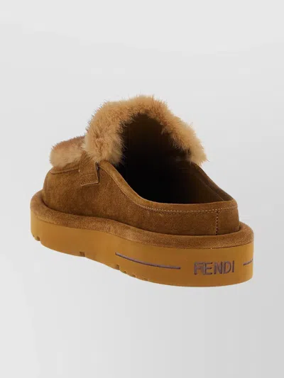 Fendi Suede And Fur Sabots Flat Shoes Multicolor In Brown
