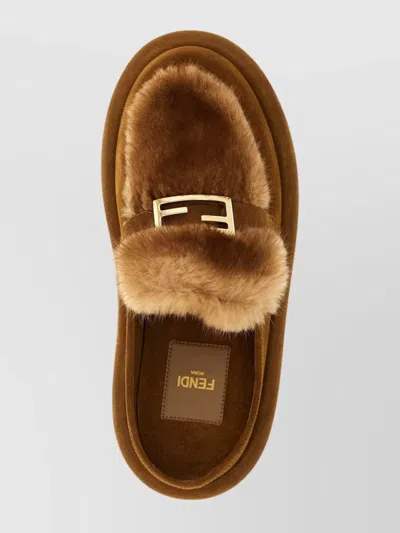 Fendi Suede And Fur Sabots Flat Shoes Multicolor In Brown