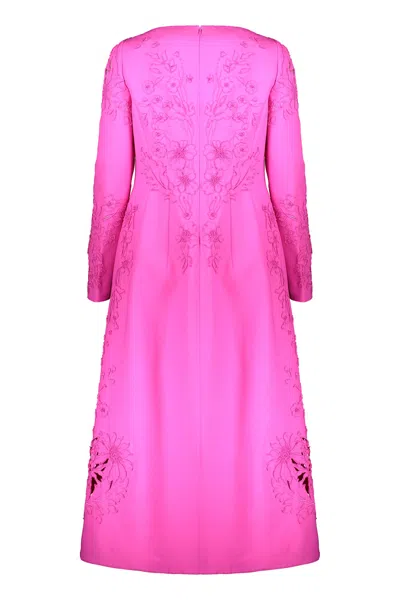 Valentino Long-sleeved Patterned Embroidered Mid-length Dress In Pink
