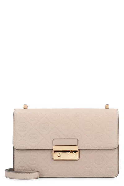 Tory Burch T Monogram Leather Shoulder Bag In Gray