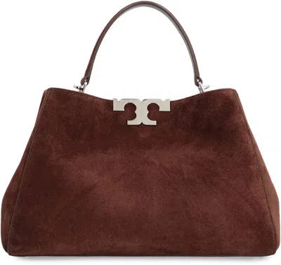 Tory Burch Medium Eleonora Logo-detail Suede Tote Bag In Brown