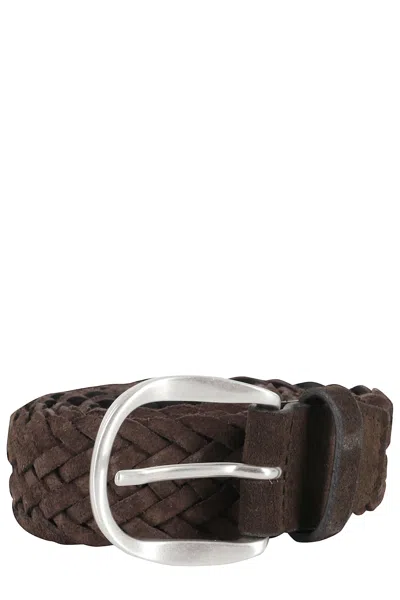 Orciani Woven Suede Belt With Silver Buckle In Brown